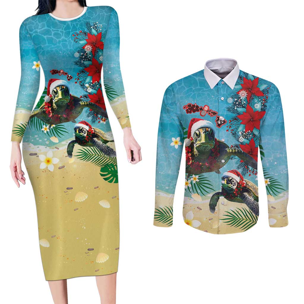 Hawaiian Mele Kalikimaka Couples Matching Long Sleeve Bodycon Dress and Long Sleeve Button Shirt Tropical Xmas Turtles Red Poinsettia Watercolor LT03 Multicolor - Polynesian Pride