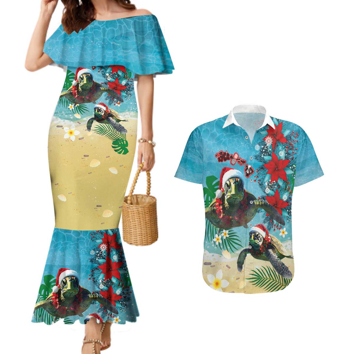 Hawaiian Mele Kalikimaka Couples Matching Mermaid Dress and Hawaiian Shirt Tropical Xmas Turtles Red Poinsettia Watercolor LT03 Multicolor - Polynesian Pride