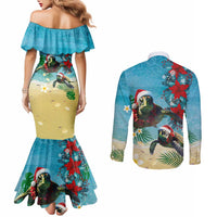 Hawaiian Mele Kalikimaka Couples Matching Mermaid Dress and Long Sleeve Button Shirt Tropical Xmas Turtles Red Poinsettia Watercolor LT03 - Polynesian Pride