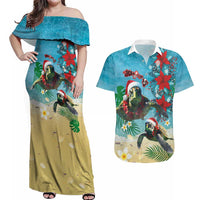 Hawaiian Mele Kalikimaka Couples Matching Off Shoulder Maxi Dress and Hawaiian Shirt Tropical Xmas Turtles Red Poinsettia Watercolor LT03 Multicolor - Polynesian Pride