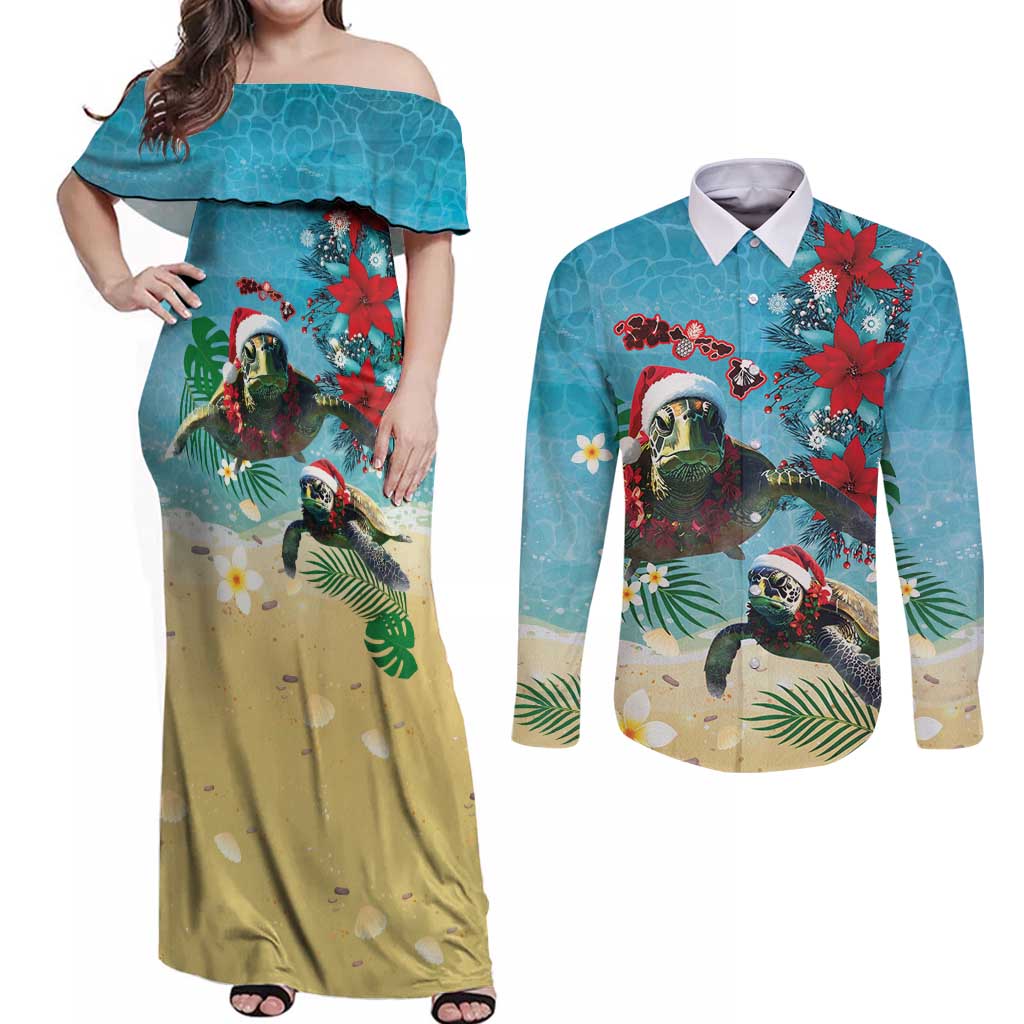 Hawaiian Mele Kalikimaka Couples Matching Off Shoulder Maxi Dress and Long Sleeve Button Shirt Tropical Xmas Turtles Red Poinsettia Watercolor LT03 Multicolor - Polynesian Pride