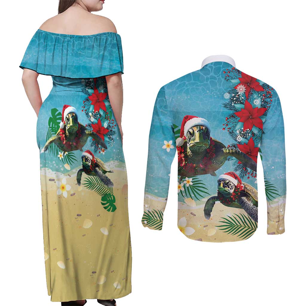 Hawaiian Mele Kalikimaka Couples Matching Off Shoulder Maxi Dress and Long Sleeve Button Shirt Tropical Xmas Turtles Red Poinsettia Watercolor LT03 - Polynesian Pride