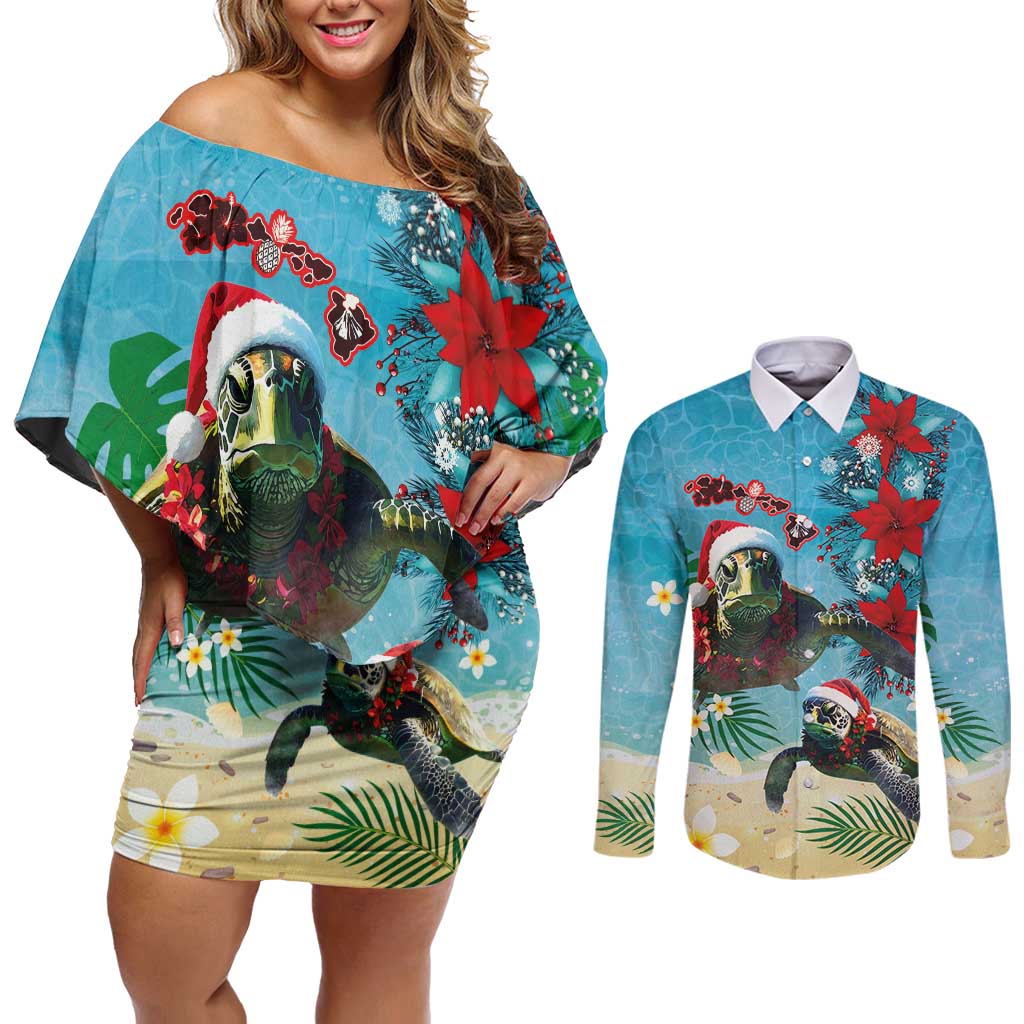 Hawaiian Mele Kalikimaka Couples Matching Off Shoulder Short Dress and Long Sleeve Button Shirt Tropical Xmas Turtles Red Poinsettia Watercolor LT03 Multicolor - Polynesian Pride