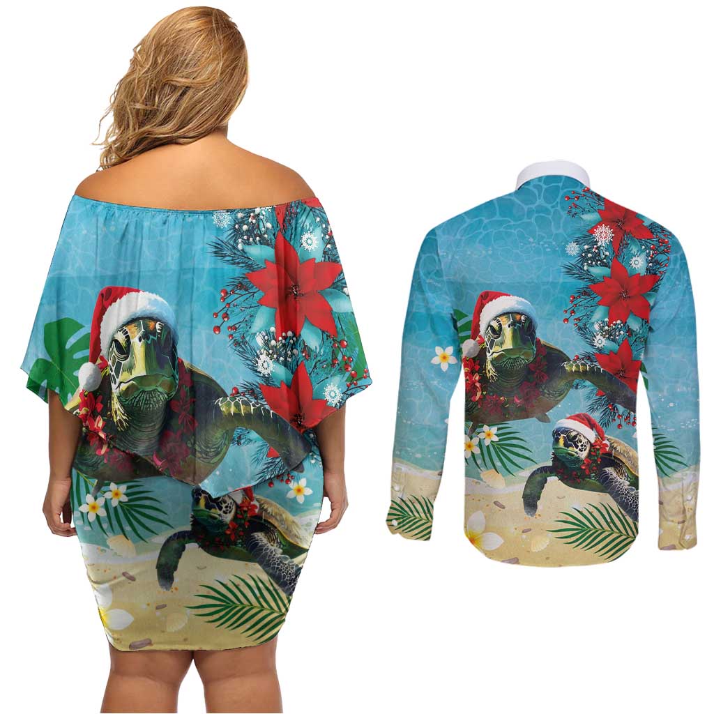 Hawaiian Mele Kalikimaka Couples Matching Off Shoulder Short Dress and Long Sleeve Button Shirt Tropical Xmas Turtles Red Poinsettia Watercolor LT03 - Polynesian Pride