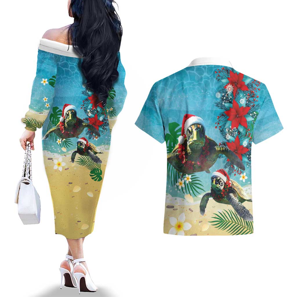 Hawaiian Mele Kalikimaka Couples Matching Off The Shoulder Long Sleeve Dress and Hawaiian Shirt Tropical Xmas Turtles Red Poinsettia Watercolor LT03 - Polynesian Pride