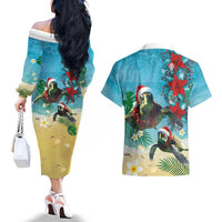 Hawaiian Mele Kalikimaka Couples Matching Off The Shoulder Long Sleeve Dress and Hawaiian Shirt Tropical Xmas Turtles Red Poinsettia Watercolor LT03 - Polynesian Pride