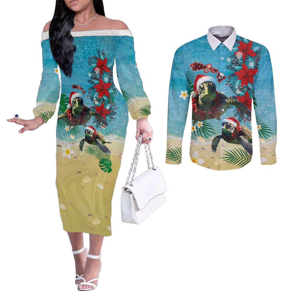 Hawaiian Mele Kalikimaka Couples Matching Off The Shoulder Long Sleeve Dress and Long Sleeve Button Shirt Tropical Xmas Turtles Red Poinsettia Watercolor LT03 Multicolor - Polynesian Pride