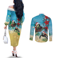 Hawaiian Mele Kalikimaka Couples Matching Off The Shoulder Long Sleeve Dress and Long Sleeve Button Shirt Tropical Xmas Turtles Red Poinsettia Watercolor LT03 - Polynesian Pride