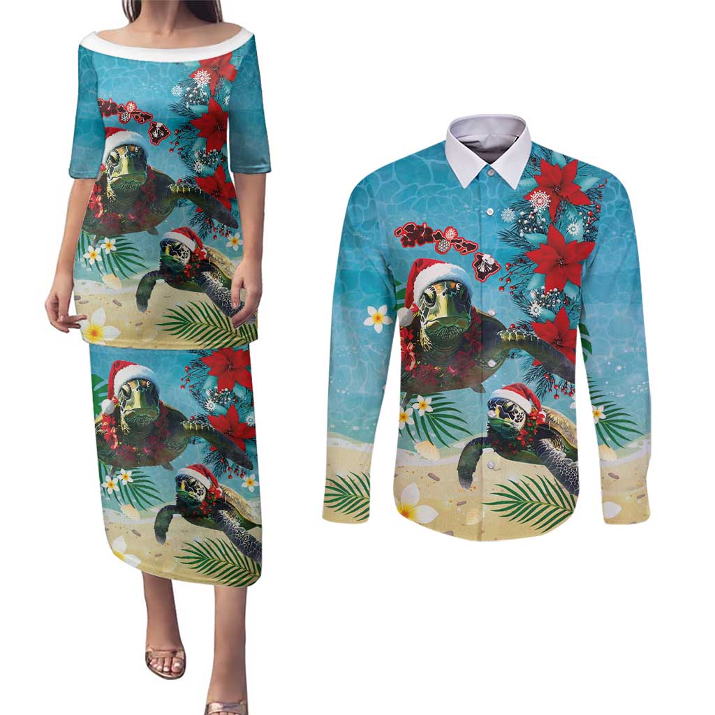 Hawaiian Mele Kalikimaka Couples Matching Puletasi and Long Sleeve Button Shirt Tropical Xmas Turtles Red Poinsettia Watercolor LT03 Multicolor - Polynesian Pride