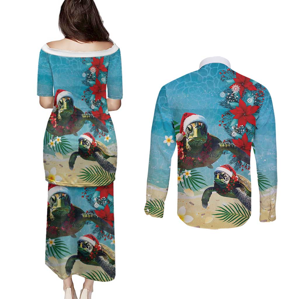 Hawaiian Mele Kalikimaka Couples Matching Puletasi and Long Sleeve Button Shirt Tropical Xmas Turtles Red Poinsettia Watercolor LT03 - Polynesian Pride