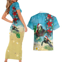 Hawaiian Mele Kalikimaka Couples Matching Short Sleeve Bodycon Dress and Hawaiian Shirt Tropical Xmas Turtles Red Poinsettia Watercolor LT03 - Polynesian Pride