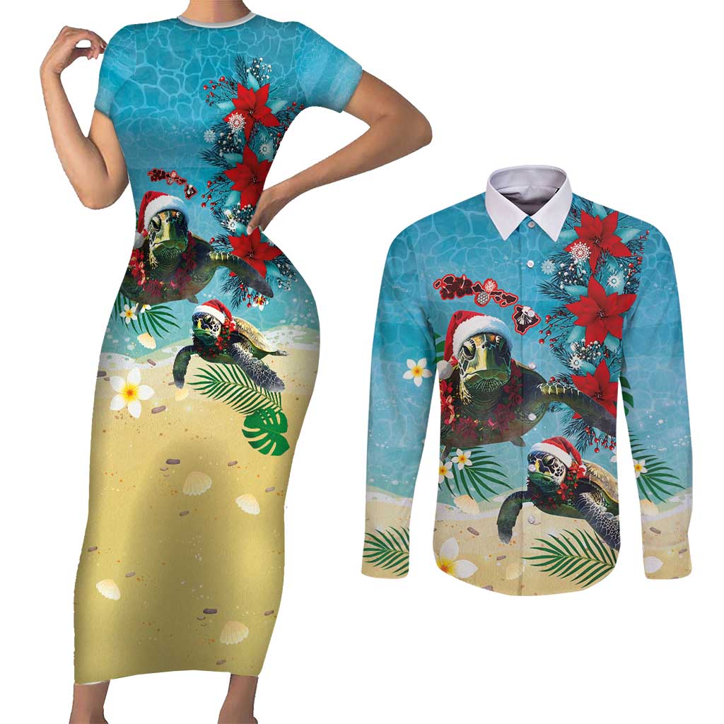 Hawaiian Mele Kalikimaka Couples Matching Short Sleeve Bodycon Dress and Long Sleeve Button Shirt Tropical Xmas Turtles Red Poinsettia Watercolor LT03 Multicolor - Polynesian Pride