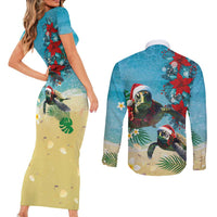 Hawaiian Mele Kalikimaka Couples Matching Short Sleeve Bodycon Dress and Long Sleeve Button Shirt Tropical Xmas Turtles Red Poinsettia Watercolor LT03 - Polynesian Pride