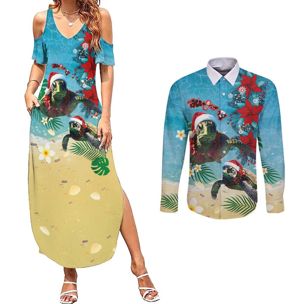Hawaiian Mele Kalikimaka Couples Matching Summer Maxi Dress and Long Sleeve Button Shirt Tropical Xmas Turtles Red Poinsettia Watercolor LT03 Multicolor - Polynesian Pride