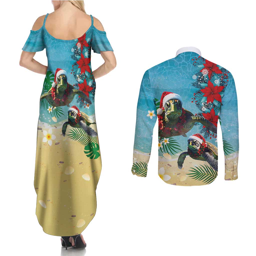 Hawaiian Mele Kalikimaka Couples Matching Summer Maxi Dress and Long Sleeve Button Shirt Tropical Xmas Turtles Red Poinsettia Watercolor LT03 - Polynesian Pride