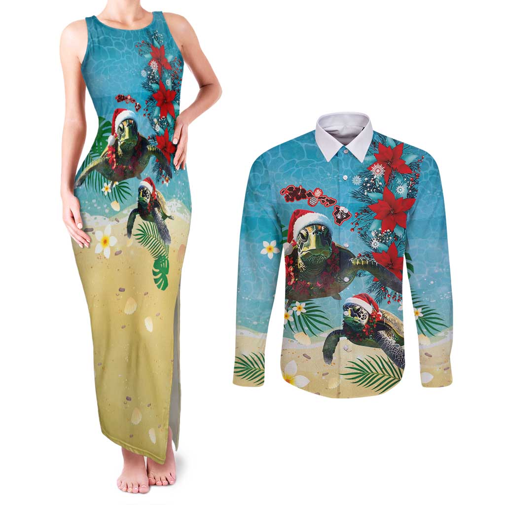 Hawaiian Mele Kalikimaka Couples Matching Tank Maxi Dress and Long Sleeve Button Shirt Tropical Xmas Turtles Red Poinsettia Watercolor LT03 Multicolor - Polynesian Pride