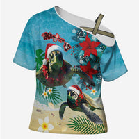 Hawaiian Mele Kalikimaka Cross Shoulder Shirt Tropical Xmas Turtles Red Poinsettia Watercolor LT03 Female Multicolor - Polynesian Pride