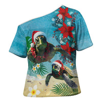Hawaiian Mele Kalikimaka Cross Shoulder Shirt Tropical Xmas Turtles Red Poinsettia Watercolor LT03 - Polynesian Pride
