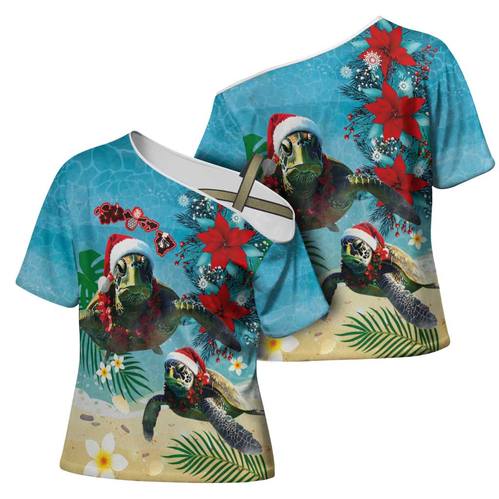 Hawaiian Mele Kalikimaka Cross Shoulder Shirt Tropical Xmas Turtles Red Poinsettia Watercolor LT03 - Polynesian Pride