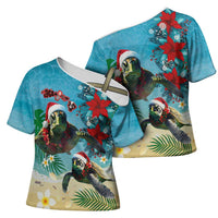 Hawaiian Mele Kalikimaka Cross Shoulder Shirt Tropical Xmas Turtles Red Poinsettia Watercolor LT03 - Polynesian Pride
