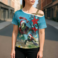 Hawaiian Mele Kalikimaka Cross Shoulder Shirt Tropical Xmas Turtles Red Poinsettia Watercolor LT03 - Polynesian Pride