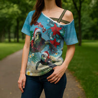 Hawaiian Mele Kalikimaka Cross Shoulder Shirt Tropical Xmas Turtles Red Poinsettia Watercolor LT03 - Polynesian Pride