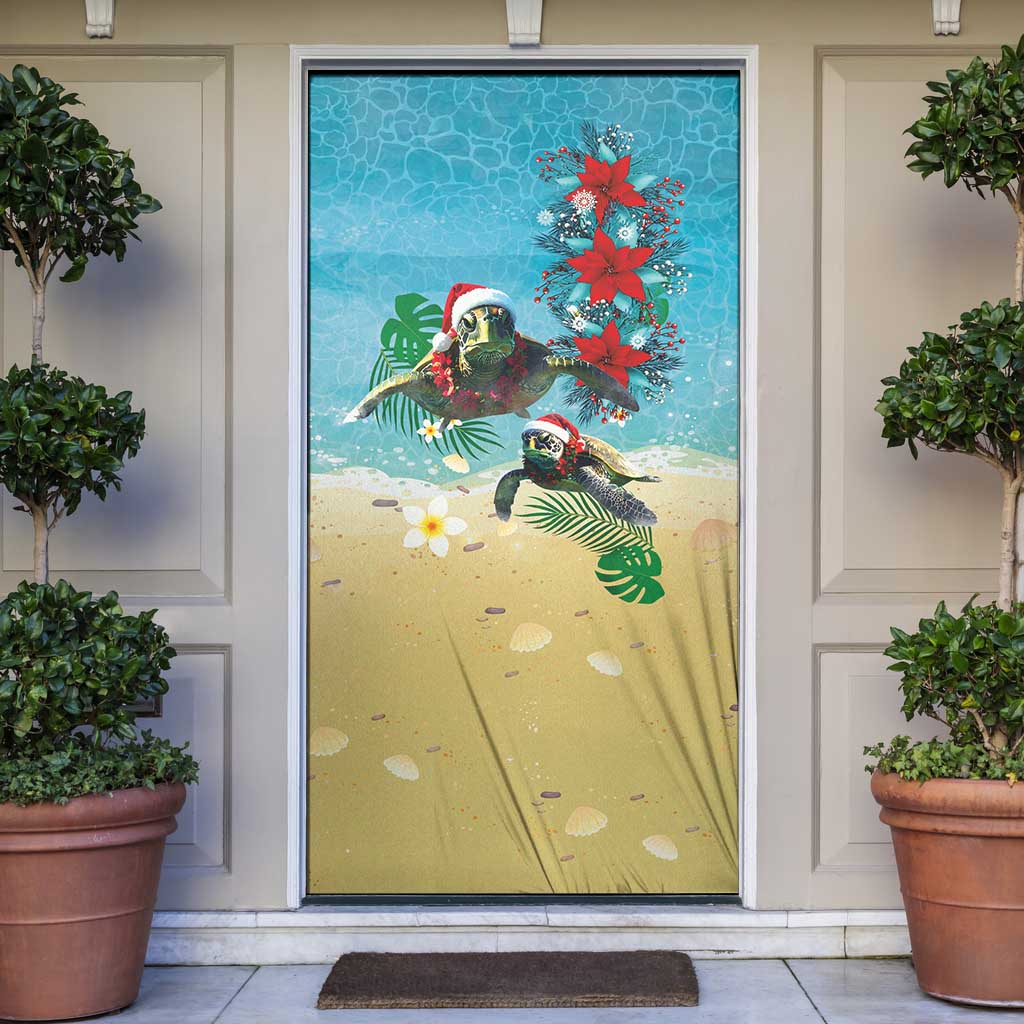 Hawaiian Mele Kalikimaka Door Cover Tropical Xmas Turtles Red Poinsettia Watercolor LT03 Multicolor - Polynesian Pride