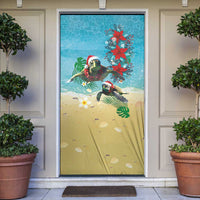 Hawaiian Mele Kalikimaka Door Cover Tropical Xmas Turtles Red Poinsettia Watercolor LT03 Multicolor - Polynesian Pride