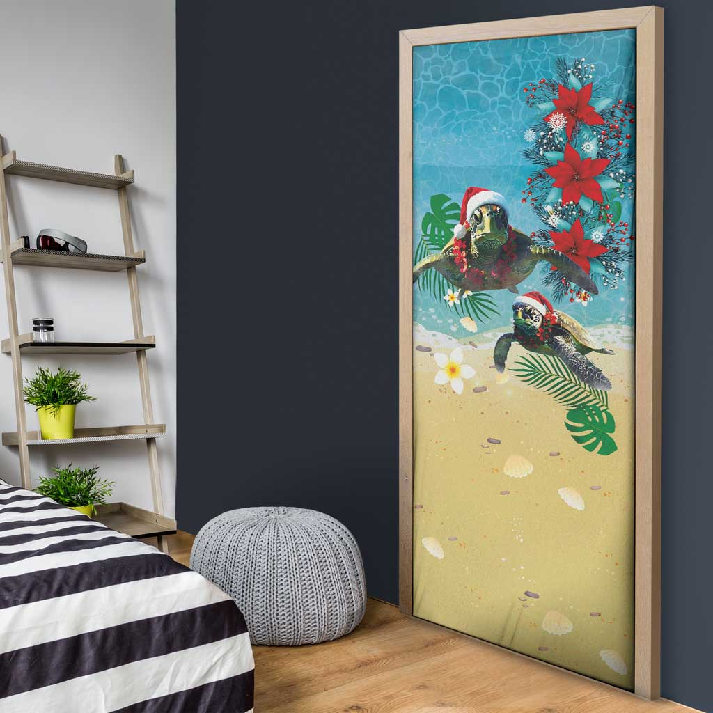 Hawaiian Mele Kalikimaka Door Cover Tropical Xmas Turtles Red Poinsettia Watercolor LT03 - Polynesian Pride