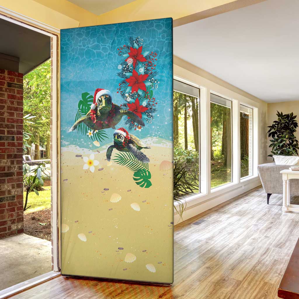 Hawaiian Mele Kalikimaka Door Cover Tropical Xmas Turtles Red Poinsettia Watercolor LT03 - Polynesian Pride