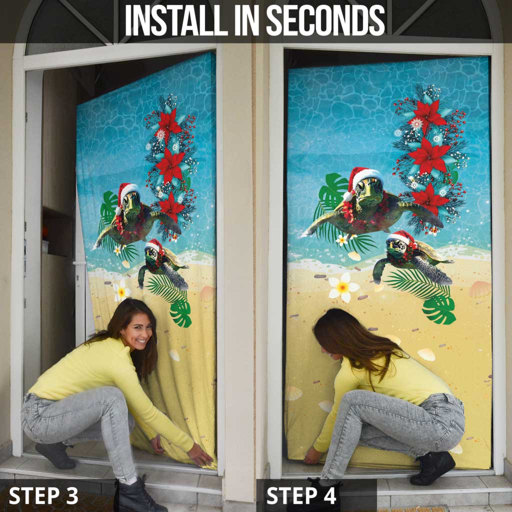 Hawaiian Mele Kalikimaka Door Cover Tropical Xmas Turtles Red Poinsettia Watercolor LT03 - Polynesian Pride