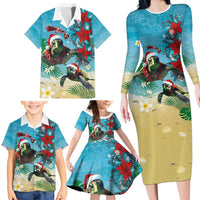 Hawaiian Mele Kalikimaka Family Matching Long Sleeve Bodycon Dress and Hawaiian Shirt Tropical Xmas Turtles Red Poinsettia Watercolor LT03 - Polynesian Pride