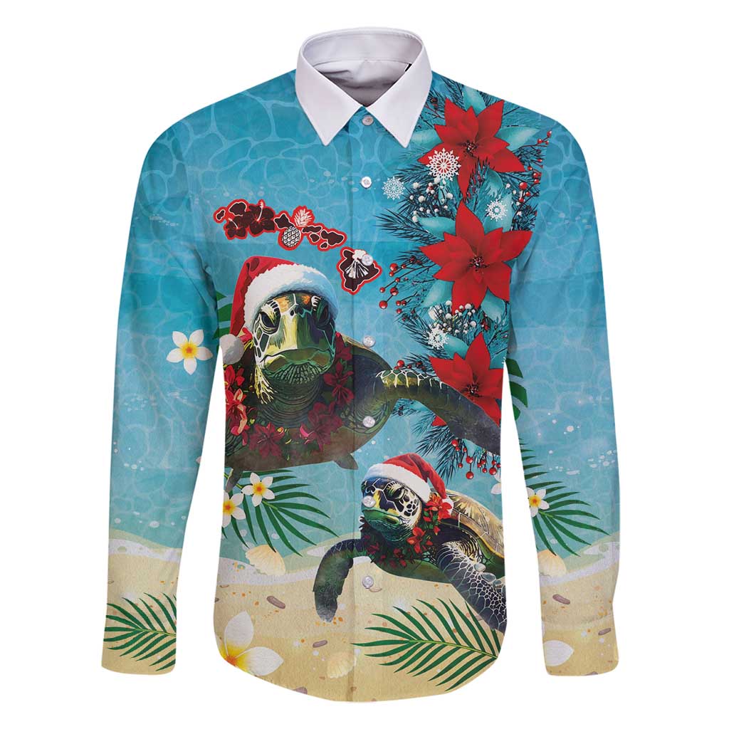 Hawaiian Mele Kalikimaka Family Matching Long Sleeve Bodycon Dress and Hawaiian Shirt Tropical Xmas Turtles Red Poinsettia Watercolor LT03 Dad's Shirt - Long Sleeve Multicolor - Polynesian Pride
