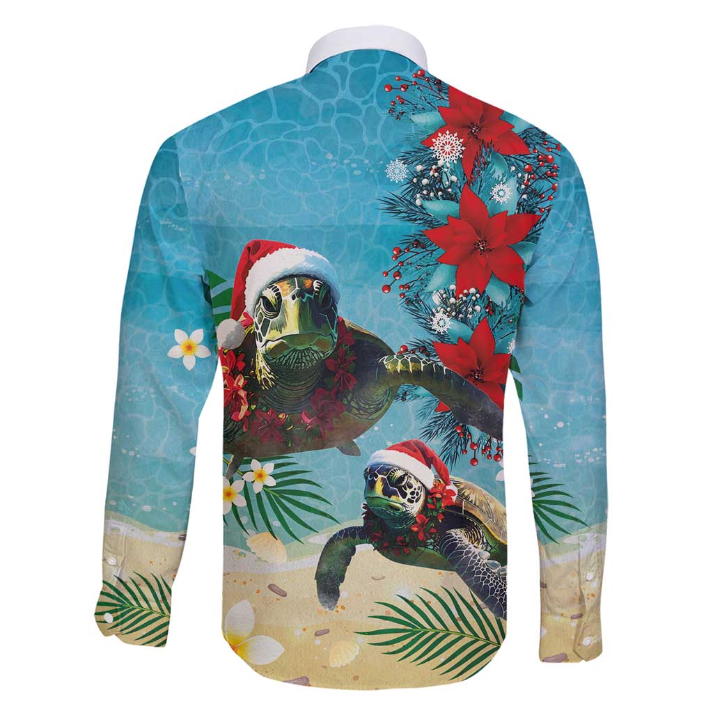 Hawaiian Mele Kalikimaka Family Matching Long Sleeve Bodycon Dress and Hawaiian Shirt Tropical Xmas Turtles Red Poinsettia Watercolor LT03 - Polynesian Pride