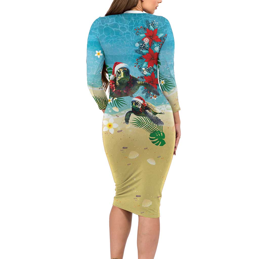Hawaiian Mele Kalikimaka Family Matching Long Sleeve Bodycon Dress and Hawaiian Shirt Tropical Xmas Turtles Red Poinsettia Watercolor LT03 - Polynesian Pride