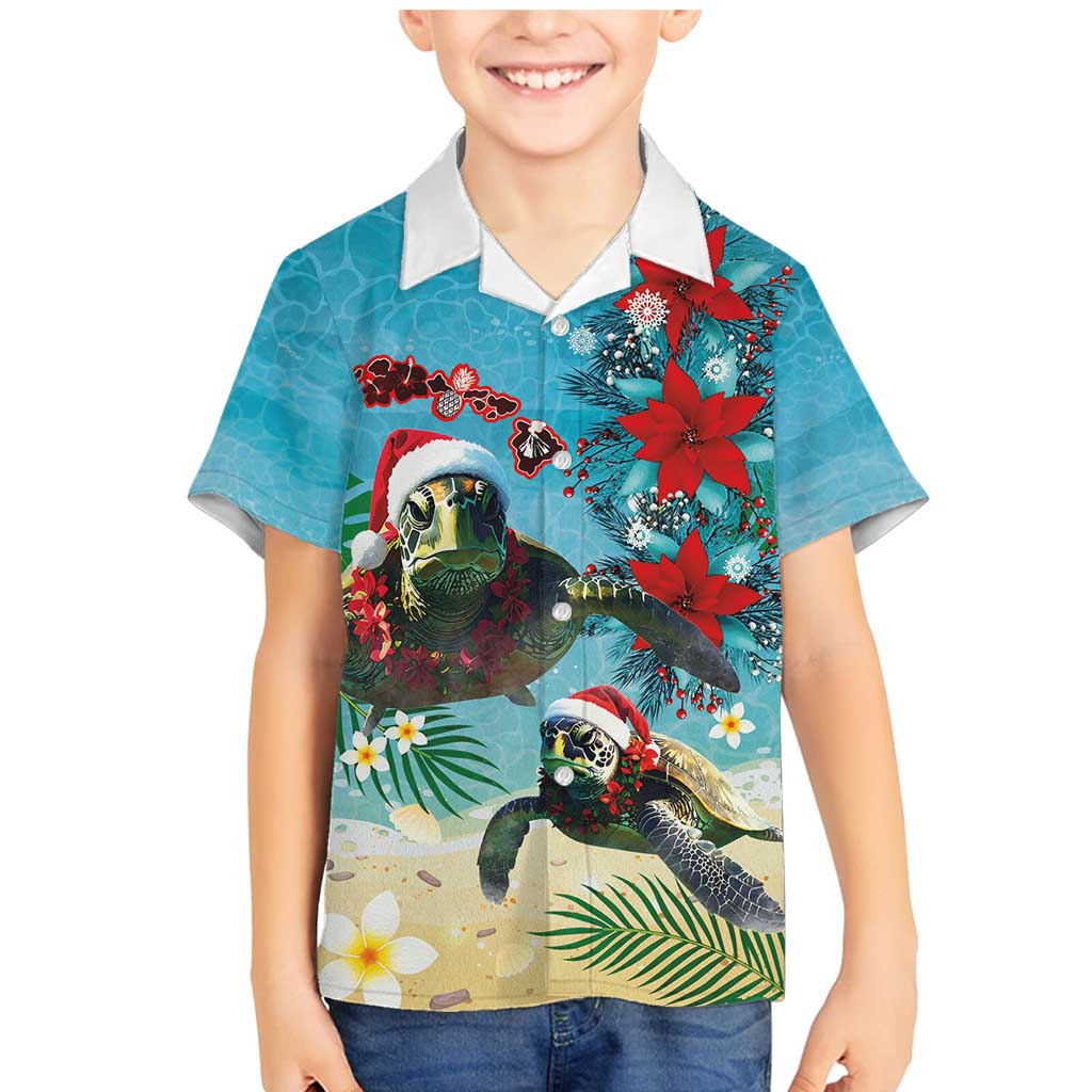 Hawaiian Mele Kalikimaka Family Matching Mermaid Dress and Hawaiian Shirt Tropical Xmas Turtles Red Poinsettia Watercolor LT03 Son's Shirt Multicolor - Polynesian Pride