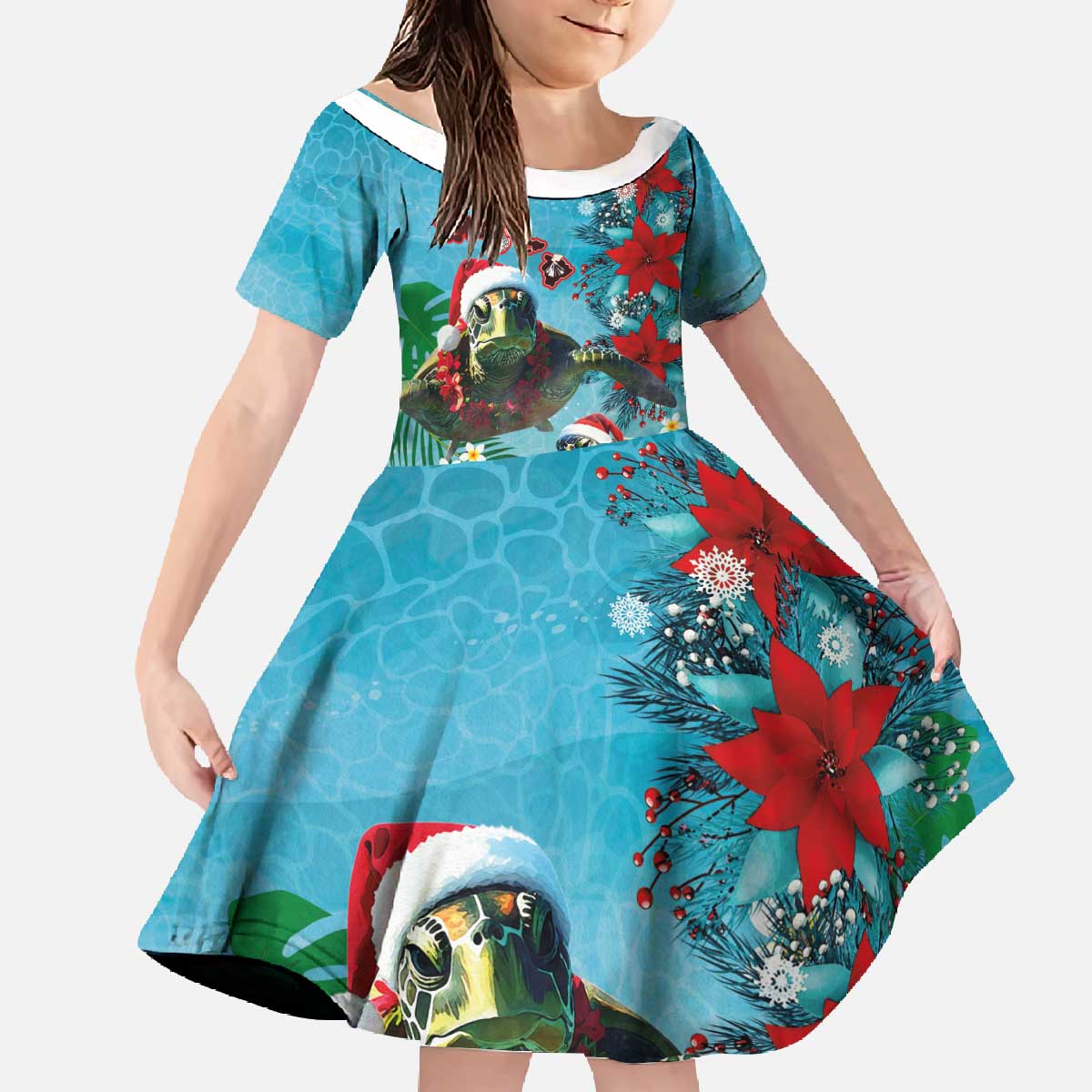 Hawaiian Mele Kalikimaka Family Matching Off The Shoulder Long Sleeve Dress and Hawaiian Shirt Tropical Xmas Turtles Red Poinsettia Watercolor LT03 Daughter's Dress Multicolor - Polynesian Pride