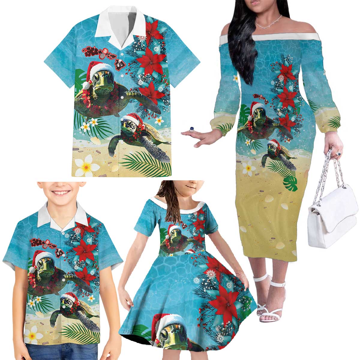 Hawaiian Mele Kalikimaka Family Matching Off The Shoulder Long Sleeve Dress and Hawaiian Shirt Tropical Xmas Turtles Red Poinsettia Watercolor LT03 - Polynesian Pride