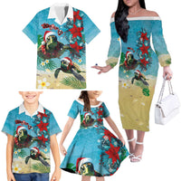 Hawaiian Mele Kalikimaka Family Matching Off The Shoulder Long Sleeve Dress and Hawaiian Shirt Tropical Xmas Turtles Red Poinsettia Watercolor LT03 - Polynesian Pride