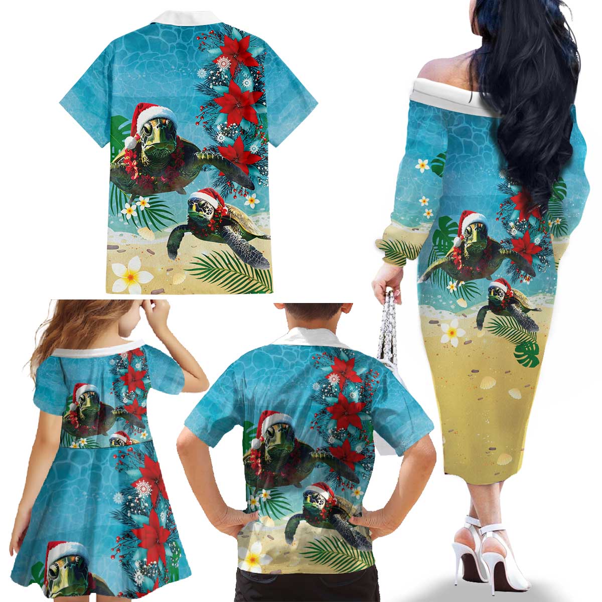 Hawaiian Mele Kalikimaka Family Matching Off The Shoulder Long Sleeve Dress and Hawaiian Shirt Tropical Xmas Turtles Red Poinsettia Watercolor LT03 - Polynesian Pride