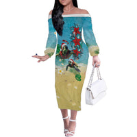 Hawaiian Mele Kalikimaka Family Matching Off The Shoulder Long Sleeve Dress and Hawaiian Shirt Tropical Xmas Turtles Red Poinsettia Watercolor LT03 Mom's Dress Multicolor - Polynesian Pride