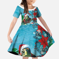 Hawaiian Mele Kalikimaka Family Matching Off Shoulder Maxi Dress and Hawaiian Shirt Tropical Xmas Turtles Red Poinsettia Watercolor LT03 Daughter's Dress Multicolor - Polynesian Pride