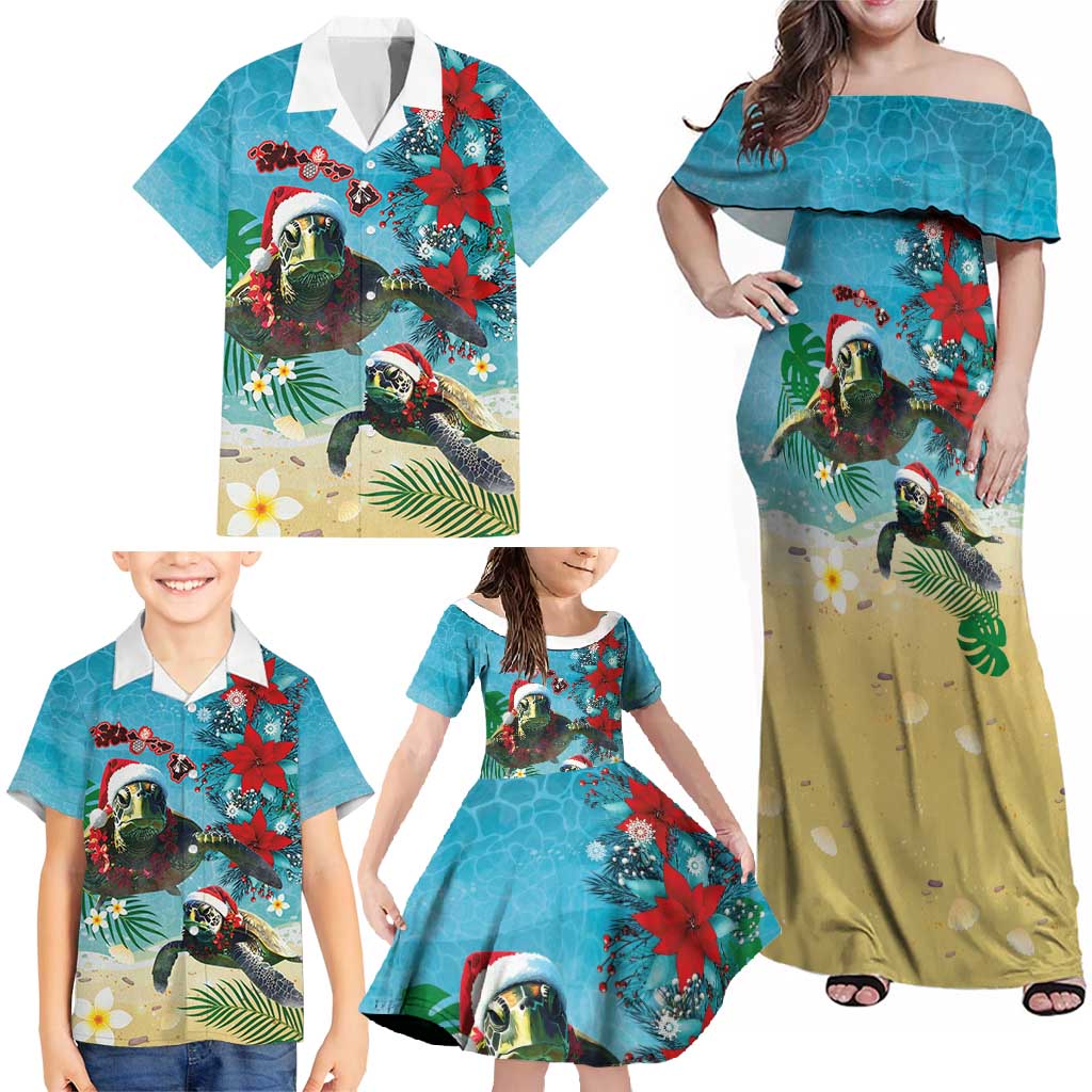 Hawaiian Mele Kalikimaka Family Matching Off Shoulder Maxi Dress and Hawaiian Shirt Tropical Xmas Turtles Red Poinsettia Watercolor LT03 - Polynesian Pride