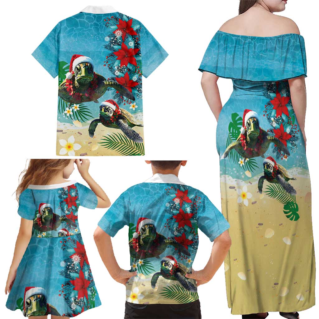 Hawaiian Mele Kalikimaka Family Matching Off Shoulder Maxi Dress and Hawaiian Shirt Tropical Xmas Turtles Red Poinsettia Watercolor LT03 - Polynesian Pride