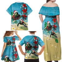 Hawaiian Mele Kalikimaka Family Matching Off Shoulder Maxi Dress and Hawaiian Shirt Tropical Xmas Turtles Red Poinsettia Watercolor LT03 - Polynesian Pride