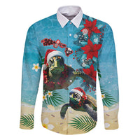Hawaiian Mele Kalikimaka Family Matching Off Shoulder Maxi Dress and Hawaiian Shirt Tropical Xmas Turtles Red Poinsettia Watercolor LT03 Dad's Shirt - Long Sleeve Multicolor - Polynesian Pride
