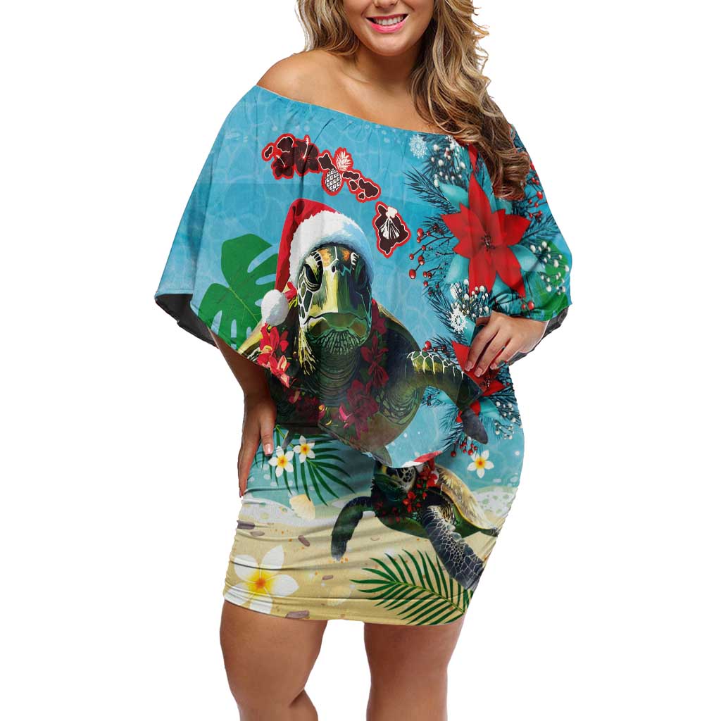 Hawaiian Mele Kalikimaka Family Matching Off Shoulder Short Dress and Hawaiian Shirt Tropical Xmas Turtles Red Poinsettia Watercolor LT03 Mom's Dress Multicolor - Polynesian Pride