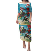 Hawaiian Mele Kalikimaka Family Matching Puletasi and Hawaiian Shirt Tropical Xmas Turtles Red Poinsettia Watercolor LT03 Mom's Dress Multicolor - Polynesian Pride