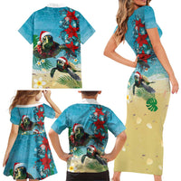 Hawaiian Mele Kalikimaka Family Matching Short Sleeve Bodycon Dress and Hawaiian Shirt Tropical Xmas Turtles Red Poinsettia Watercolor LT03 - Polynesian Pride