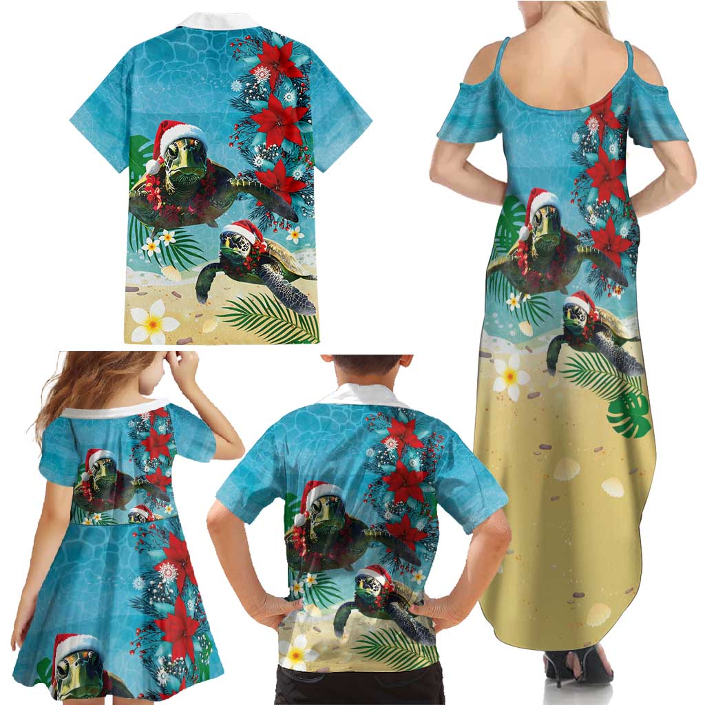 Hawaiian Mele Kalikimaka Family Matching Summer Maxi Dress and Hawaiian Shirt Tropical Xmas Turtles Red Poinsettia Watercolor LT03 - Polynesian Pride